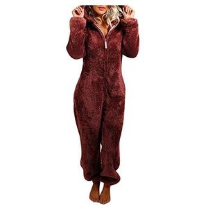 KEERADS Damen Jumpsuit onesie fleece badjas met capuchon en ritssluiting pluizig warme pyjama volwassenen pluche capuchon mantel deken hoodie nachtkleding sets voor vrouwen huispak, rood-a, S