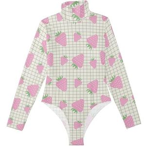 LI ZHI XIN Rompertjes met lange mouwen voor dames, eendelige jumpsuit met hoge hals, coltrui, turnpakje, top voor meisjes, dans, workout, fitness, bodysuit, fruit, aardbeienpatroon, Meerkleurig, S