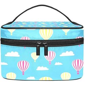 Draagbare Make-up Tas Reizen Cosmetische Zakken Voor Vrouwen Meisjes Rits Pouch Case Organizer Hete Lucht Ballonnen Geel Roze Patroon, Meerkleurig, 22.5x15x13.8cm/8.9x5.9x5.4in