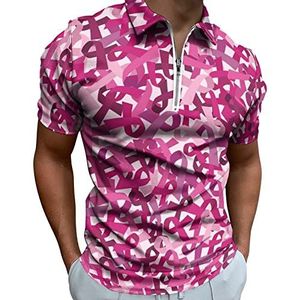 Roze Lint Borstkanker Bewustzijn Half Zip-up Poloshirts Voor Mannen Slim Fit Korte Mouw T-shirt Sneldrogende Golf Tops Tees 2XS