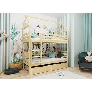 thematys® Aurora Stapelbed voor kinderen, 90 x 200 cm, huisbed, kinderbed, ombouwbaar en kindveilig, valbescherming en ladder voor jongens en meisjes, optioneel met schuifladen (naturel, zonder laden)