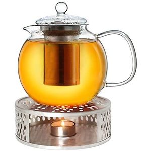Creano Theepot van glas 1,3 l + een stoofje van roestvrij staal, 3-delige glazen theepot met geïntegreerde roestvrijstalen zeef en glazen deksel, ideaal voor het bereiden van losse thee, druppelvrij