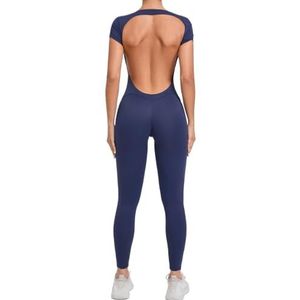 Sexy yoga-set, blote rug, eendelig, romper voor dames, sneldrogende yogakleding, trainingsbodysuit, uitlopend sportpak voor dames (diepblauw, L)