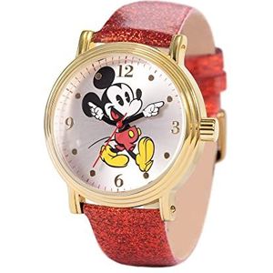 Disney Mickey Mouse volwassen vintage scharnierende handen analoog quartz horloge, Glitter Rood, Quartz Horloge