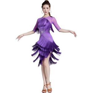 FZHQNZJF Kwast Latijns Danskleding voor Vrouwen Prestatie Balzaal Dansjurken Glanzend Tango Cha Cha Danskostuums Ademend Danskleding voor Rumba Samba,Purper,L