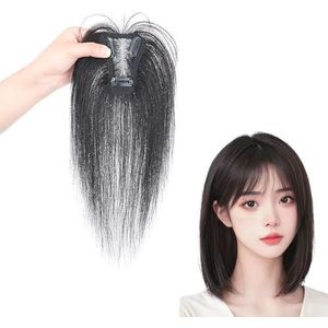 Zwarte Haartoppers for Vrouwen 100% Echt Menselijk Haar Top-haarstukken 7 X 9 Cm Zwitserse Gaasbasis Clip-in-toppers, 25 Cm / 10 Inch Rechte Wiglets for Dunner Wordend Haar, Haaruitval, Grijs Haar