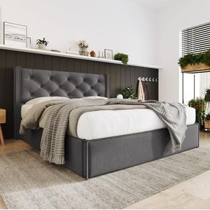 Aunvla Hydraulisch tweepersoonsbed, gestoffeerd bed, 160 x 200 cm, bed met lattenbodem van metalen frame, modern bedframe met opbergruimte, katoen, grijs