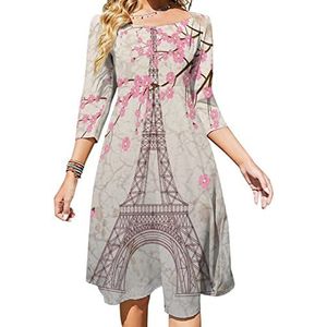 Vintage Eiffeltoren dames lange mouw swing jurk schattige stropdas terug A-lijn mini zonnejurk