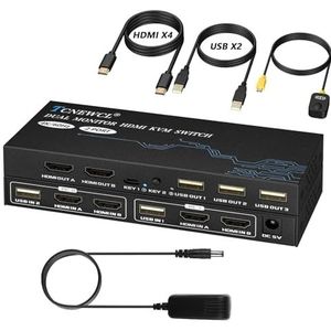 HDMI KVM Switch 2 PC 2 monitoren 4K @60Hz, Dual Monitor 2-in-2 Out Switcher met voeding, met 4 HDMI-kabels en 2 USB-kabels