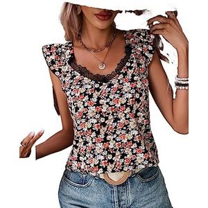 dames topjes All-over contrasterende mesh-blouse met bloemenprint (Color : Multicolore, Size : Small)