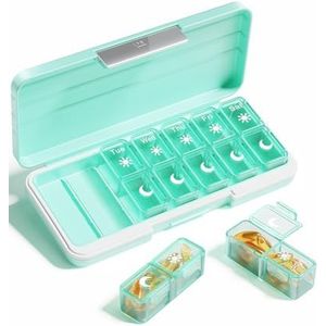 Betife Wekelijkse pillendoos organizer 2 keer per dag, 7 dagen reizen pillendoos, AM/PM pillendoosje voor vitamines, medicijnen, supplementen en visolie (groen)