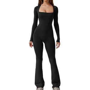DAMGA Jumpsuits for dames Yoga lange mouwen vierkante hals volledige lengte sexy bodycon unitard workout-outfits herfstmode 2023 (Color : Black, Size : Medium)