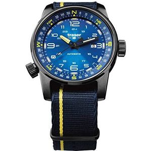 Traser Heren analoog Zwitsers automatisch uurwerk horloge met textiel armband 107719, zwart-blauw-geel., Armband