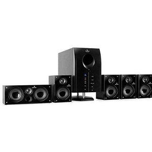 auna Areal 525 BK 5.1 surround sound-systeem Home cinema-systeem (125 watt RMS, actieve mono-subwoofer, 5,25 ""sidefiring woofer, 5 x satellietluidsprekers, afstandsbediening) zwart