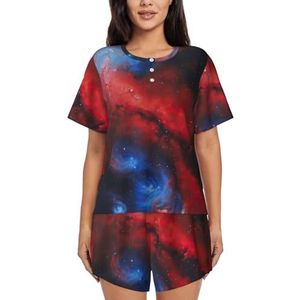 YJxoZH Rood Blauw Galaxy Print Womens Zomer Pyjama Sets Nachtkleding Dames Korte Mouw Nachtkleding Pjs Lounge Met Zakken, Zwart, XL