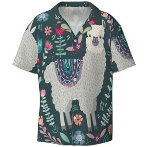 OdDdot Bloemen Alpaca Print Heren Jurk Shirts Atletische Slim Fit Korte Mouw Casual Business Button Down Shirt, Zwart, XXL