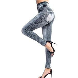 Dames Jeggings Gestreepte Denim Look Leggings Grote Maten Kleding Elastische Jeans Hoge Taille Skinny Broek Panty Lange Panty (Kleur: GRIJS, One Size : XL)