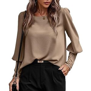 KONFEN Dames casual ronde hals tops, dames blouses shirts met knoop, lange lantaarn mouw shirt trui sweatshirt elegant effen kleur losse pasvorm voor herfst winter lente, bruin/zwart, M-XXL, Bruin, XL