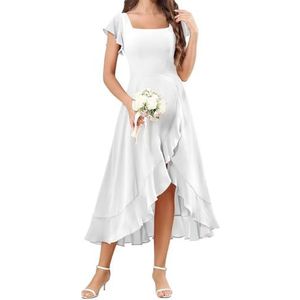 HPPEE Flutter Mouw Chiffon Bruidsmeisjesjurken voor Vrouwen Vierkante Hals Korte Avond Formele Jurk, Wit, 32