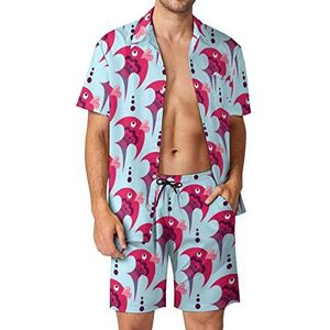 Roze Cartoon Vissen Mannen Hawaiiaanse Bijpassende Set 2 Stuk Outfits Button Down Shirts En Shorts Voor Strand Vakantie