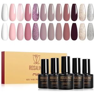 ROSALIND UV-nagellak, 12 kleuren, wit, lichtroze, bruin, zwart, paars en zilver, glittergel, nagellakset, soak-off, mini-UV-kleurgel, gelnagels voor nagelontwerp, gel, nagelpolish, manicure, cadeau