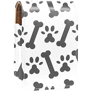 Lippenstift Hoesje met Spiegel Hond Bone Poot Voet Print Grijs Lip Gloss Houder Draagbare Lippenstift Opbergdoos Reizen Make-up Tas Mini Lederen Cosmetische Pouch Houdt 3 Lippenstift
