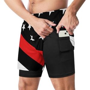 Dunne Rode Lijn Brandweerman Vlag Grappige Zwembroek Met Compressie Liner & Pocket Voor Mannen Board Zwemmen Sport Shorts