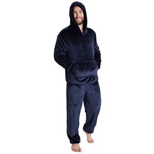 CityComfort Heren-pyjamaset, warme fleece pyjama voor heren, met pluizige hoody, marineblauw, L