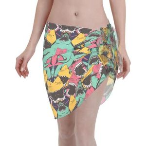 Haaienpatroon print elegante strandwrap, bikini cover-up, badmode jurk, voor vrouwen, perfect voor zwembad en resort zwart, Zwart, one size