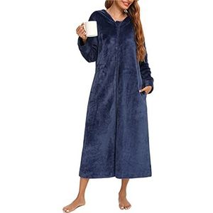 Dames Lange Badjas Met Rits Flanellen Fleece Badjassen Warme Huisjas Nachtjapon Slaapkleding Pyjama's,Navy blue,S