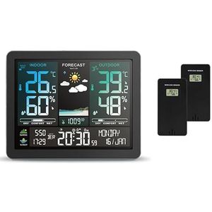 Multifunctioneel weerstation Wekker Kleurenscherm Zonsopgang- en zonsondergangthermometer Hygrometer met draadloze buitensensor,Nauwkeurig voorspellen(With 2 Black Sensor)
