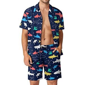 Kleur Haaien Print Hawaiiaanse Sets Voor Mannen Button Down Korte Mouw Trainingspak Strand Outfits 2XL