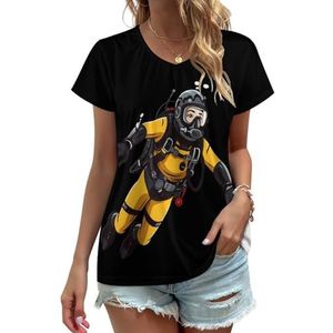 Scuba Diver Cartoon Dames V-hals T-shirts Leuke Grafische Korte Mouw Casual Tee Tops XL