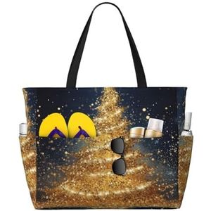 DJHVJS Japanse Lente Pruim Bloemen Gedrukt Grote Strand Tas Mode Zip Handtas Dames Tote Bag, Gouden Glitter kerstboom, Eén maat