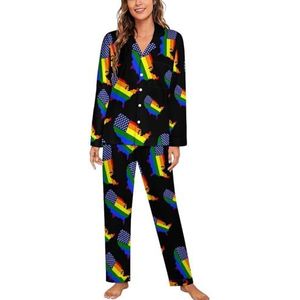 US Gay Pirde Regenboog Kaart Vlag Vrouwen Lange Mouw Button Down Nachtkleding Zachte Nachtkleding Lounge Pyjama Set 2XL