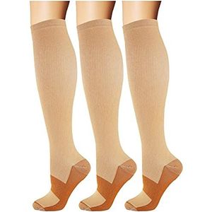 Koperen compressiekousen, steunkousen, reiskousen, kniekousen voor mannen en vrouwen, 3 paar, voor hardlopen, sport, medicijnen, beige, EU 35-39