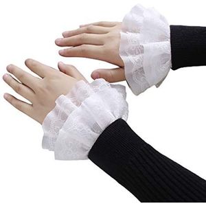 Groomy Fake Sleeve, voor dames, met schattige nep-mouwen, dubbellaags, met kanten motief, warm en wit