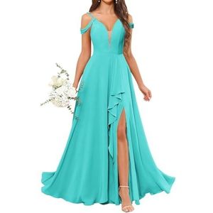HPPEE Avondjurk voor dames, V-hals, blote schouders, bruidsmeisjesjurk met split en ruches, Turkoois, 42