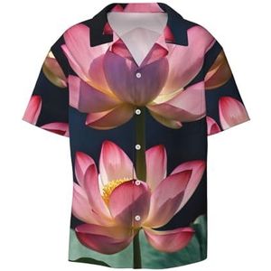 OdDdot Lotuses Bloemen Roze Print Heren Button Down Shirt Korte Mouw Casual Shirt voor Mannen Zomer Business Casual Jurk Shirt, Zwart, XXL