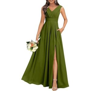 Chiffon bruidsmeisjesjurken voor dames, voor bruiloft, met split, cocktailjurk, avondjurk, baljurk, grote maten, Olijfgroen, 32