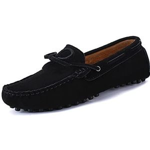 Loafers for heren Bootschoenen Echt leer Stiksels Details Ronde neus Suede Vamp Lichtgewicht Comfortabel Antislip Casual instappers(Black,46.5 EU)