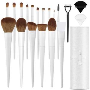 LUXBRU Make-upborstels met etui 20 stuks professionele make-upborstelset, foundation poeder oogschaduw borstel set wenkbrauw concealer contour reisborstels kit met houder en 2 poederdonsjes - wit