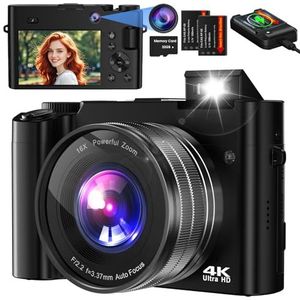 Bofypoo Digitale camera, 64 MP, autofocus, vlogging-camera met dubbele camera voor en achter, 32 G, geheugenkaart, vlogcamera met 16 x digitale zoom, voor beginners (zwart)