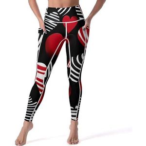 Rode Harten Strepen Patroon Vrouwen Yoga Broek met Zakken Hoge Taille Legging Panty voor Workout Gym
