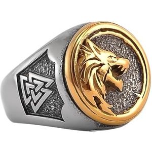 Noorse Viking Wolf Ring Voor Mannen - RVS Dual Color Wolf Head Valknut Signet Ring - Mode Hip Hop Street Vintage Odin Fenrir Animal Ring IJslandse Sieraden (Color : Gold, Size : 07)