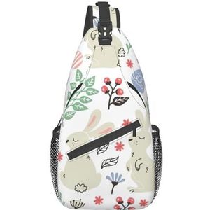 Bloemen konijntjes vogels print heuptas voor vrouwen mannen, modieuze crossbody tassen, sling rugzak met verstelbare riem, Bloemen Konijntjes Vogels, Eén maat