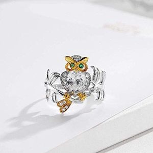 Elegante ringen Lady Owl staande op takvorm ring 925 sterling zilver mode feestringen, maat: 7 (maat: 8)