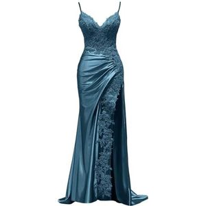 KIYNE Dames kanten applicatie satijnen baljurk met split spaghettibandjes V-hals zeemeermin formele feestjurk, Turkoois, 58/Meer