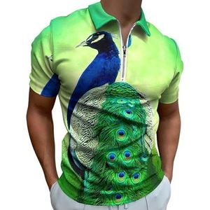 Groene Pauwenveer Half Zip-up Polo Shirts Voor Mannen Slim Fit Korte Mouw T-shirt Sneldrogende Golf Tops Tees XL