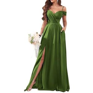 Dames chiffon bruidsmeisjes jurken met split lange galajurken ruches cocktailjurk plus size, Olijfgroen, 32